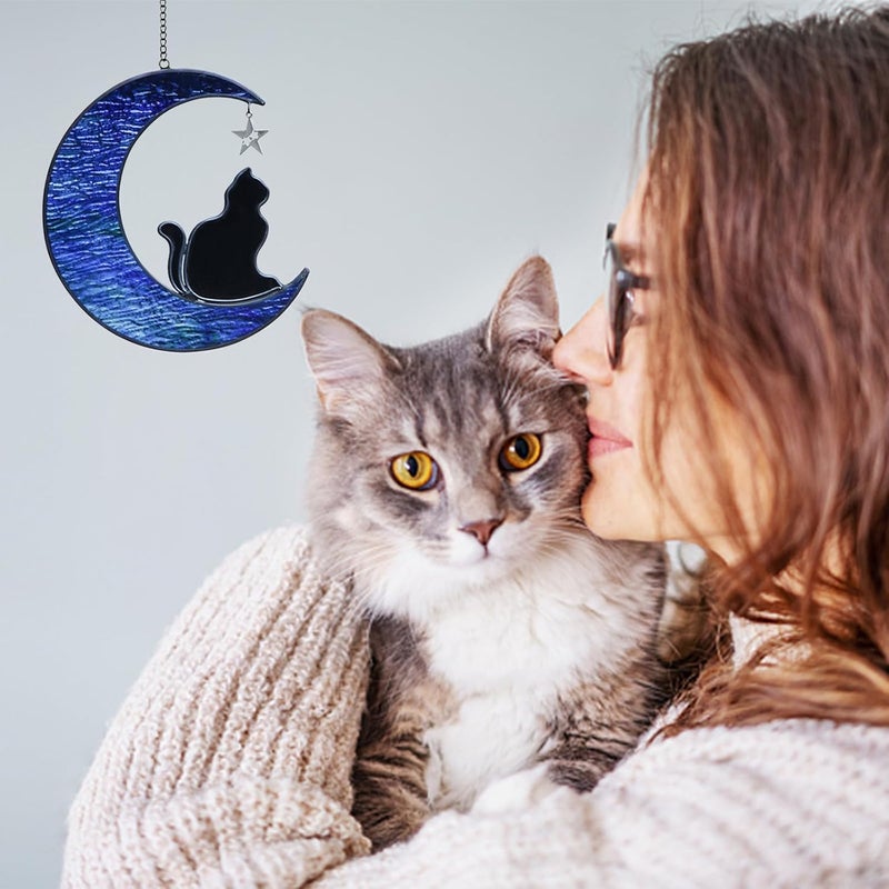 YT3 Studio Cat Memorial Gifts for Loss of Cat, Cat on Moon Stained Glass Window Hangings Sun Catcher, Handcrafted Pet Memorial Gifts Cat Suncatcher Ornament, Cat Gifts for Cat Lovers, Loss of Cat sympathy Gift - Image 4