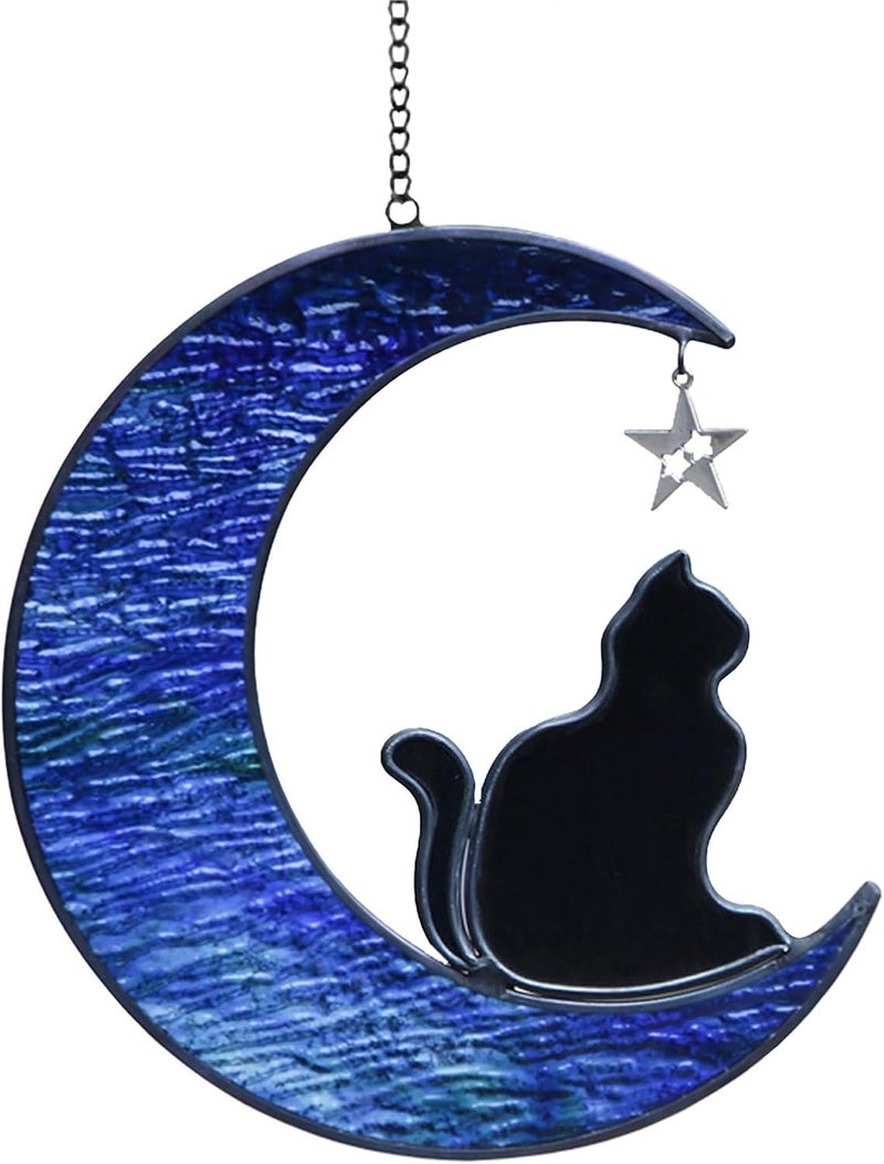 YT3 Studio Cat Memorial Gifts for Loss of Cat, Cat on Moon Stained Glass Window Hangings Sun Catcher, Handcrafted Pet Memorial Gifts Cat Suncatcher Ornament, Cat Gifts for Cat Lovers, Loss of Cat sympathy Gift - Image 1