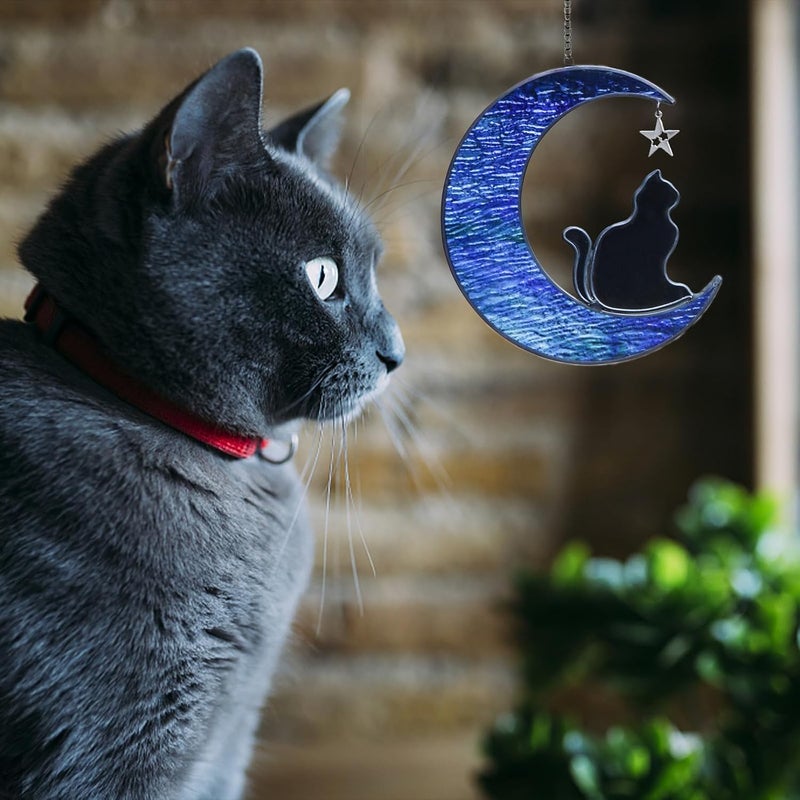 YT3 Studio Cat Memorial Gifts for Loss of Cat, Cat on Moon Stained Glass Window Hangings Sun Catcher, Handcrafted Pet Memorial Gifts Cat Suncatcher Ornament, Cat Gifts for Cat Lovers, Loss of Cat sympathy Gift - Image 5