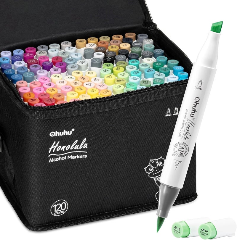 Ohuhu 120-Color Alcohol Art Markers Set, Dual Tip, Brush & Chisel, Sketch Marker, Alcohol-Based Brush Markers, Comes W/ 1 Blender For Sketching, Adult Coloring, And Illustration -Honolulu Series - Image 1