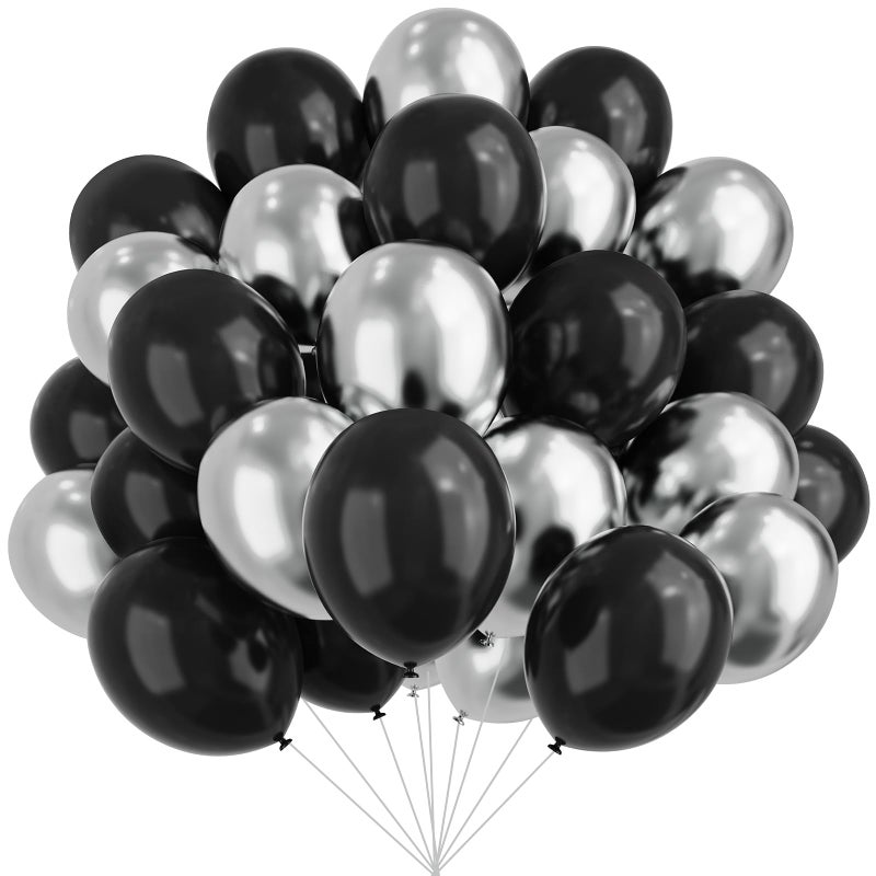 YMSZ Black and Silver Balloons 67pcs 12 Inch Metallic Silver and Black Balloons for Birthday Baby Shower Wedding and Engagement Party Decoration - Image 2