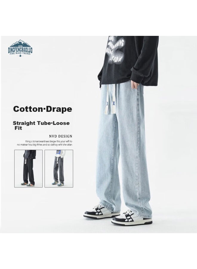 Dingfengbaoluo Stone Washed Vintage Jeans For Men, Loose-fitting Breathable Straight-leg Casual Trousers For Autumn And Winter, Men's Style 808, Light Blue, Size M - Image 1