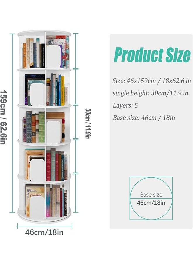 Rotary Bookshelf, Small Corner Bookshelf in Small Space, 360 ° Rotatable 5-layer Vertical Bookcase Storage Rack, Wooden Book Organizer