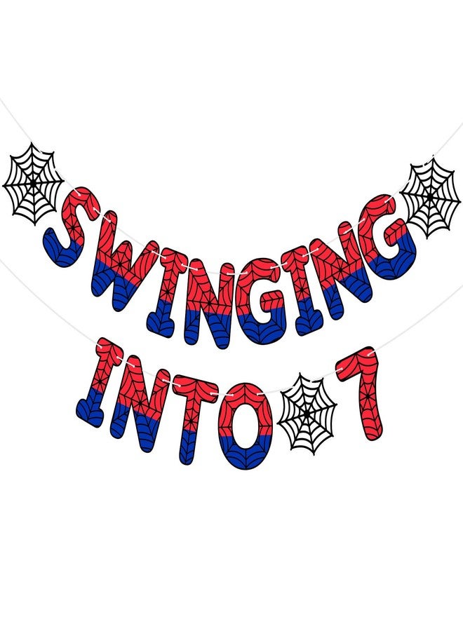 تاوباري لافتة عيد ميلاد تاوباري السابع بتصميم العنكبوت، لافتة "التأرجح إلى 7" جاهزة للتعليق، زينة عيد ميلاد العنكبوت السابع، لوازم حفلات للأطفال، ديكور عيد الميلاد السابع للأولاد والبنات بعمر 7 سنوات (أحمر وأزرق) - Image 1