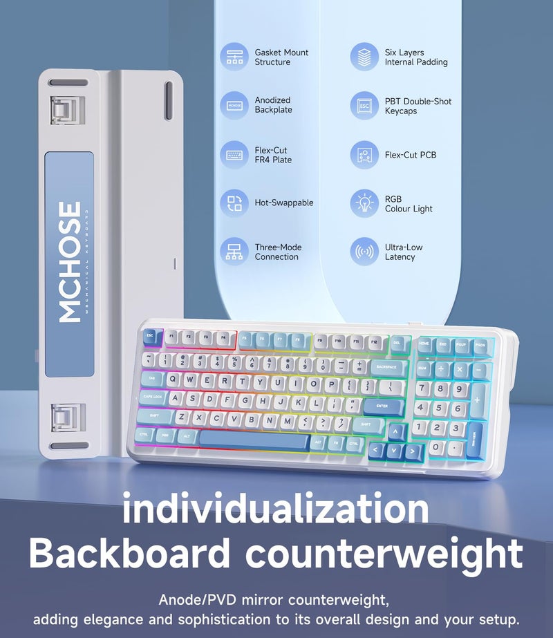 MCHOSE K99 98% Wireless Mechanical Keyboard, Tri-Mode Connection, Compact Gaming Keyboard with Six-Layer Padding Gasket, RGB Backlit,Hot Swappable Custom Keyboard for Mac/PC - Image 5