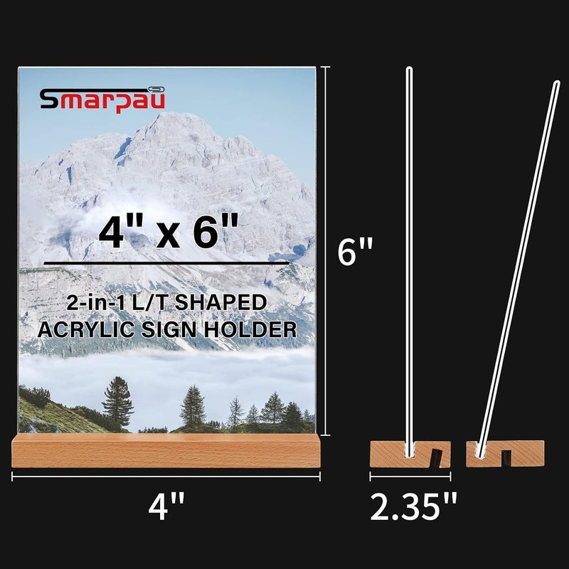 Smarpau حامل لافتات أكريليك على شكل L/T مقاس 4×6 مع قاعدة خشبية، مجموعة من 8 قطع، إطار أكريليك لحامل عرض طاولة مقاس 4×6 مع لافتة خشبية، حامل منشورات وقوائم طعام، حامل ورق للمكتب والمتجر وحفلات الزفاف والمطاعم - Image 4