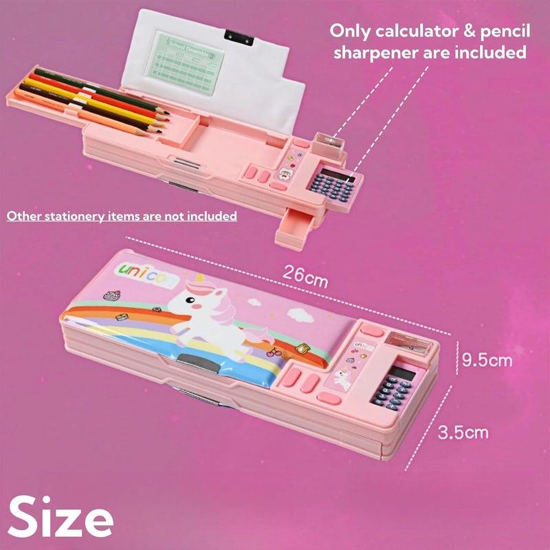 JDLYEVER Indoor outdoor use Pop Up Multifunction Pencil Case, Built-in Sharpener and Calculator, Double-Sided Magnetic Closure, School Timetable, Fun Mechanism for Hidden Storage, Pen Holder, 26 * 3.5 * 9.5cm (pink) Low wear optimized design - Image 4