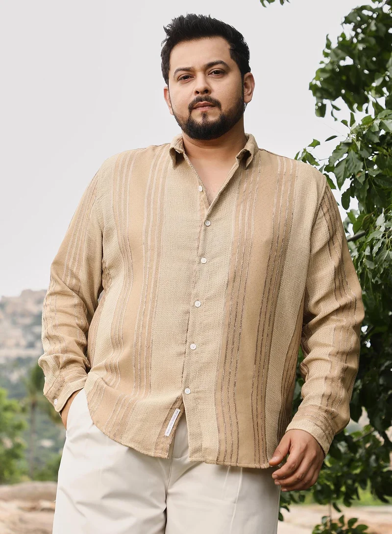 انستافاب بلس Instafab Men's Saltbox Beige Unbalanced-Striped Jacquard Shirt | Spread Collar , Long Cuffed Sleeves , Button Closure | Stripes Jacquard | Cotton-Blend Shirt For Casual Wear