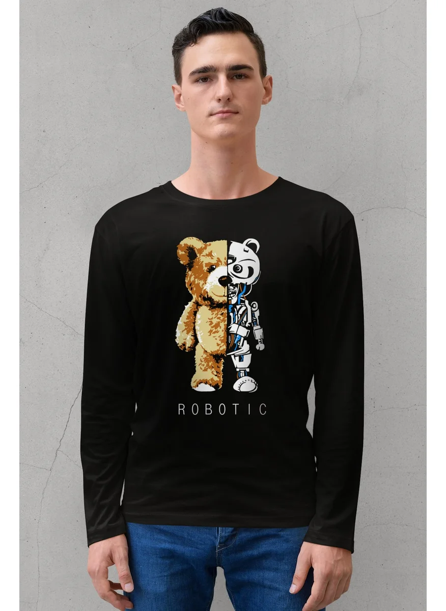 Rock&Roll Robot Bear Crew Neck Black Long Sleeve Combed Cotton Men's T-Shirt