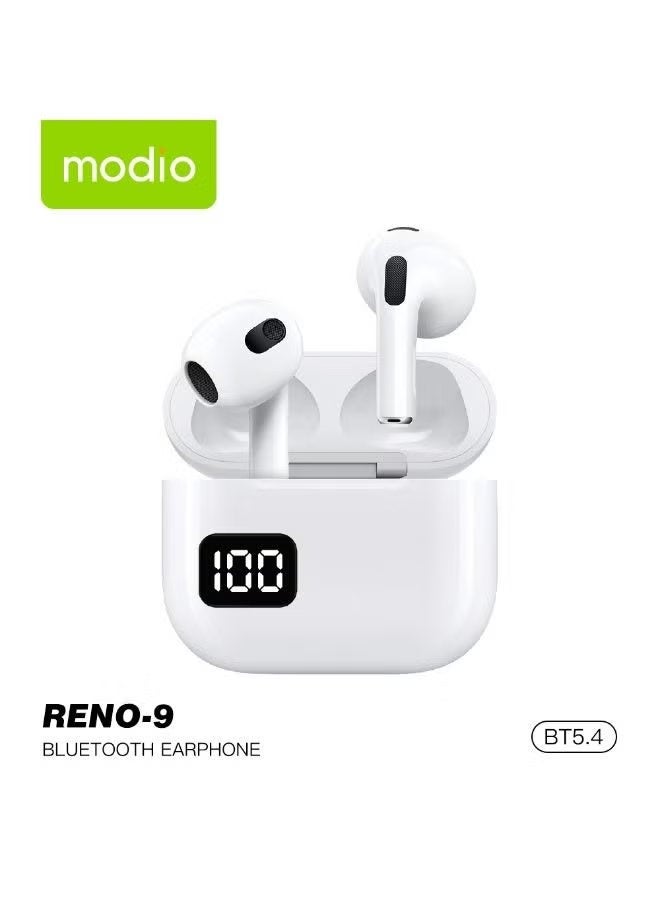 modio RENO-9 Wireless Earbuds with LED Power Display, Bluetooth 5.4, Touch Controls, HD Calling, Noise Reduction, Long Battery Life, Sweat-Resistant Earbuds for Android & Tablets, White - Image 1