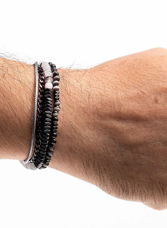 CHRYSOSTOMOS Handmade Multiline Adjustable Bracelet for Men with White Multi-Line Chain and Grey Catâ€™s Eye