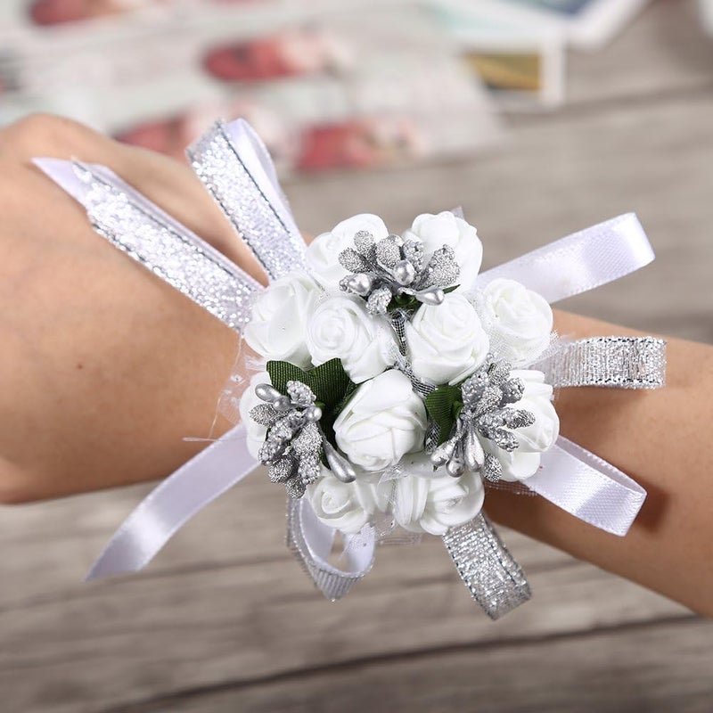 كلاراكو زهرة معصم كلاركو، شريط يد جميل، زهرة معصم وصيفة العروس، زينة حفلات الزفاف (فضية) - Image 4