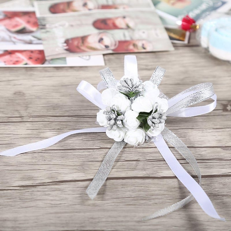 كلاراكو زهرة معصم كلاركو، شريط يد جميل، زهرة معصم وصيفة العروس، زينة حفلات الزفاف (فضية) - Image 2