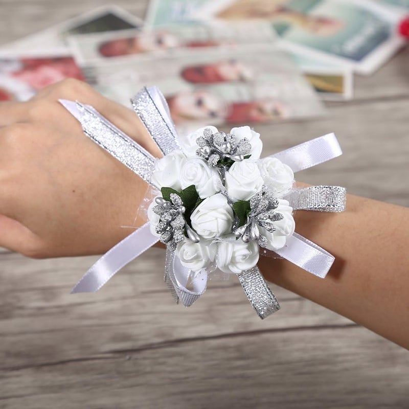 كلاراكو زهرة معصم كلاركو، شريط يد جميل، زهرة معصم وصيفة العروس، زينة حفلات الزفاف (فضية) - Image 3