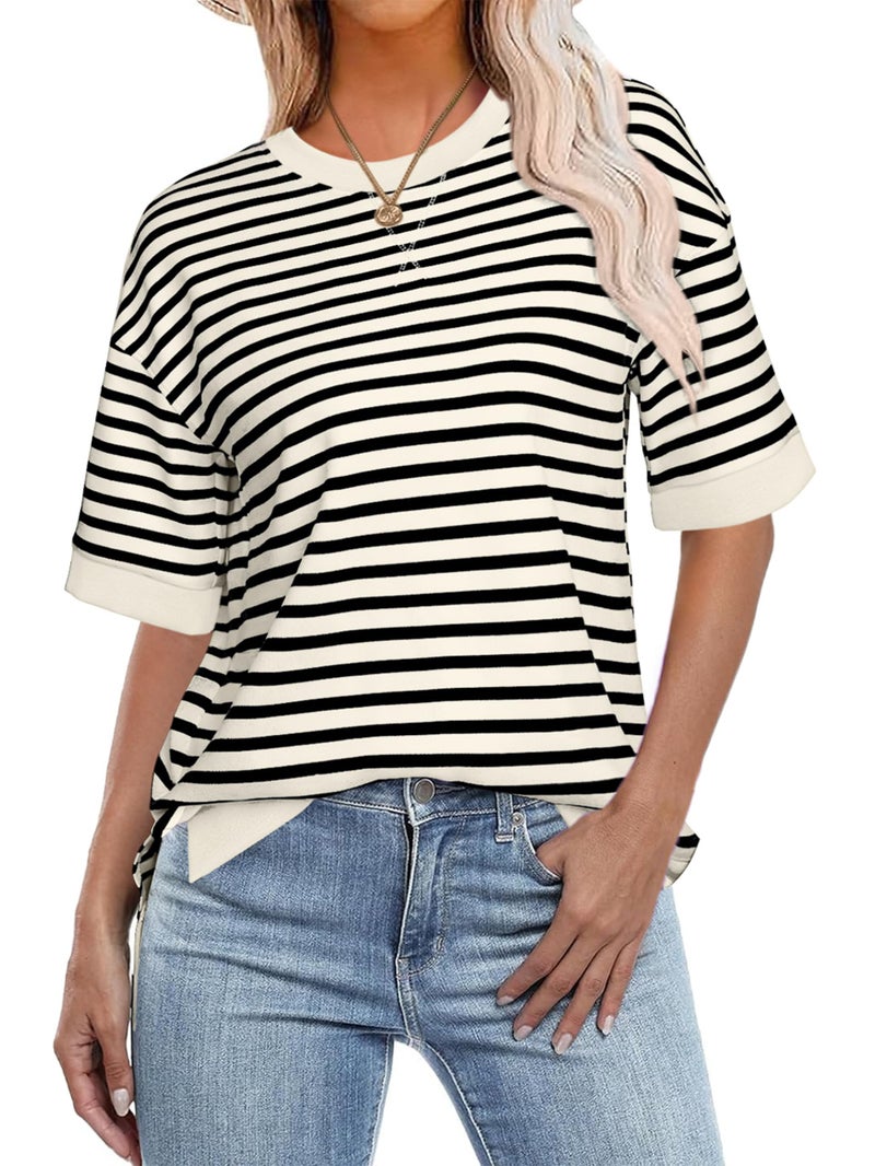 Glamaker Short Sleeve Lightweight Sweatshirt For Women Crewneck Striped Shirt Pullover Tops Loose Blouses Black White M - Image 1