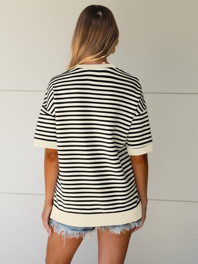 Glamaker Short Sleeve Lightweight Sweatshirt For Women Crewneck Striped Shirt Pullover Tops Loose Blouses Black White M - Image 4
