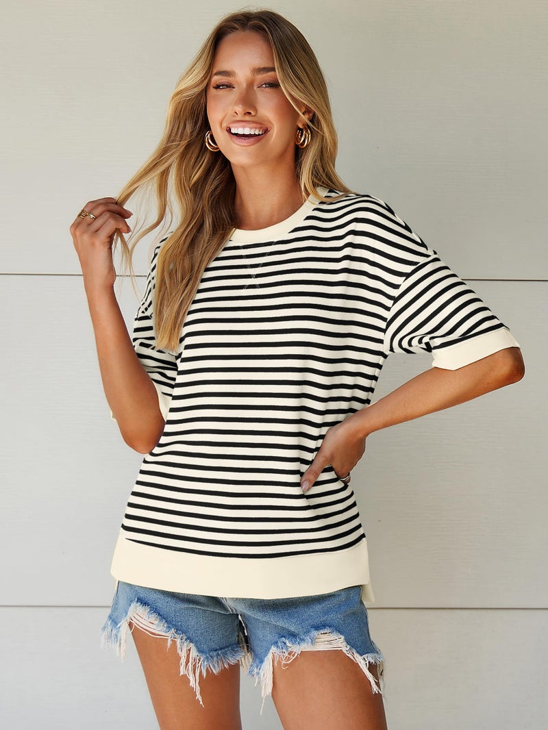Glamaker Short Sleeve Lightweight Sweatshirt For Women Crewneck Striped Shirt Pullover Tops Loose Blouses Black White M - Image 3