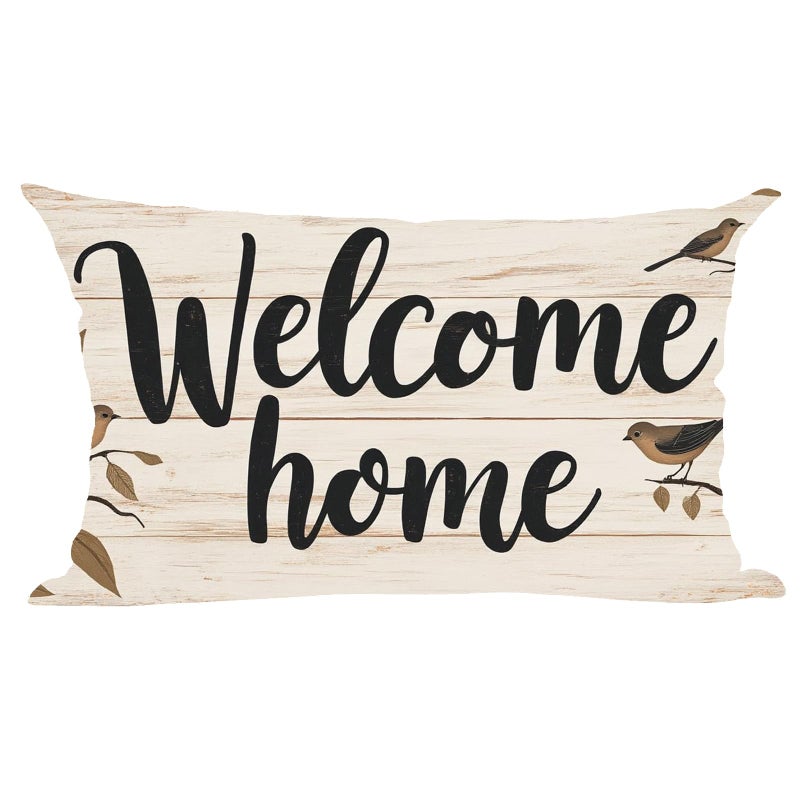 Ramirar Black Word Art Welcome Home Family Bird Retro Brown Wood Background Fall Decorative Lumbar Throw Pillow Cover Case Home Living Room Bed Sofa Car Cotton Linen Rectangular 12 x 20 Inches