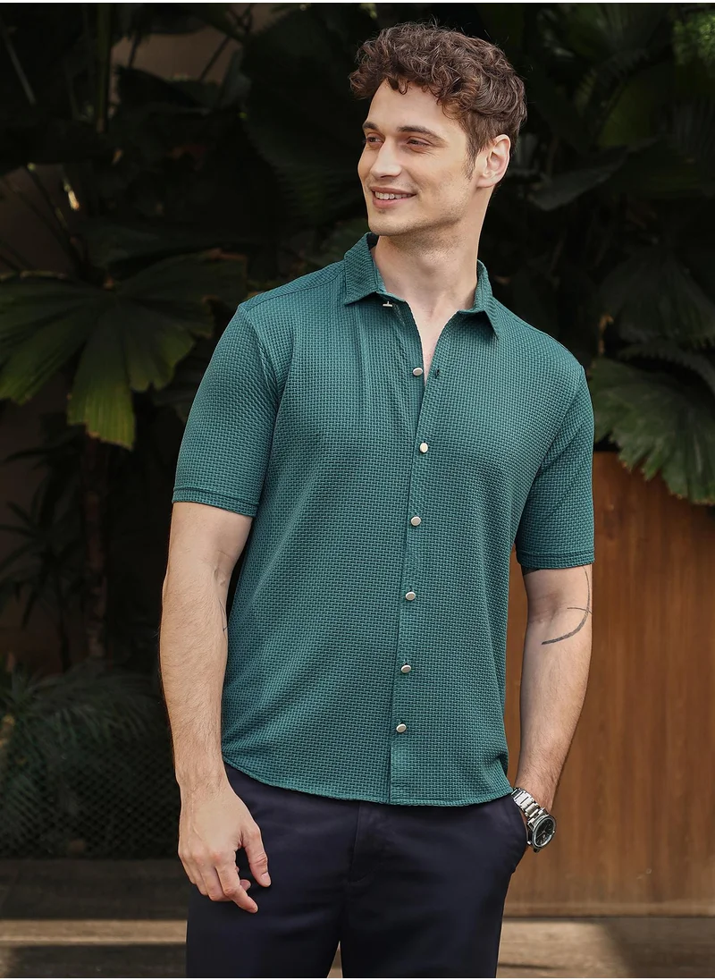 كامبوس سوترا Men's Teal Green Warp-Tactile Shirt