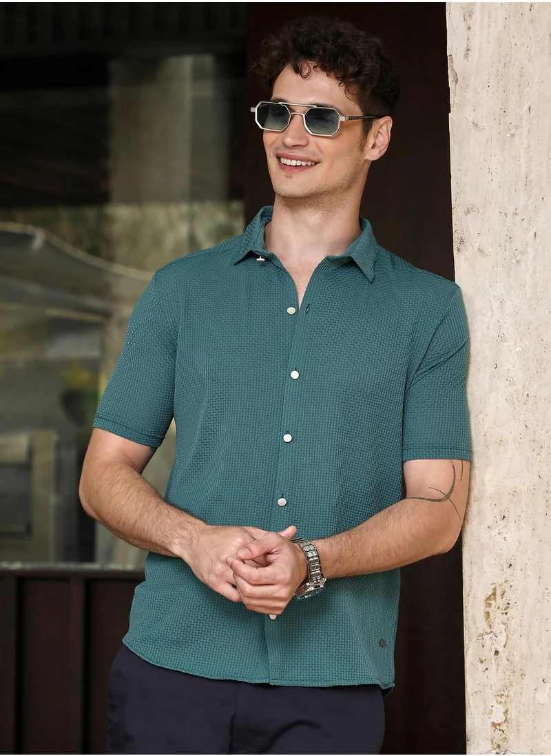 كامبوس سوترا Men's Teal Green Warp-Tactile Shirt