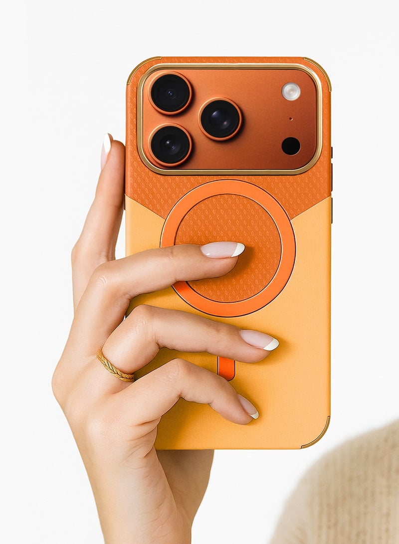 Wtech Apple iPhone 17 Pro Max 5G 2025 Luxury Double Color Leather Magsafe Magnetic Protective Case Cover (MCMPMN) - Orange - Image 3