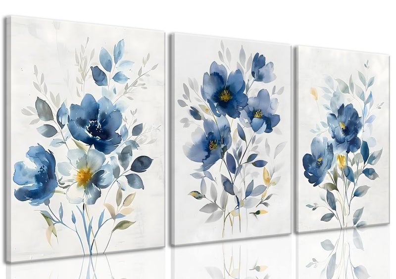 KISSFOX Framed Colorful Wildflower Blue Canvas Wall Art Set Of 3 Flowers Pictures Prints Flowers Printing Floral Watercolors Flower wall Decor Living Room Girls Bedroom Bathroom - Image 2