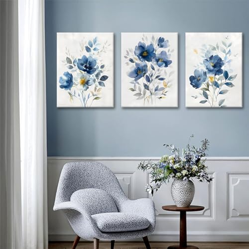 KISSFOX Framed Colorful Wildflower Blue Canvas Wall Art Set Of 3 Flowers Pictures Prints Flowers Printing Floral Watercolors Flower wall Decor Living Room Girls Bedroom Bathroom - Image 3