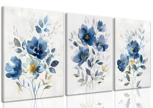 KISSFOX Framed Colorful Wildflower Blue Canvas Wall Art Set Of 3 Flowers Pictures Prints Flowers Printing Floral Watercolors Flower wall Decor Living Room Girls Bedroom Bathroom - Image 1