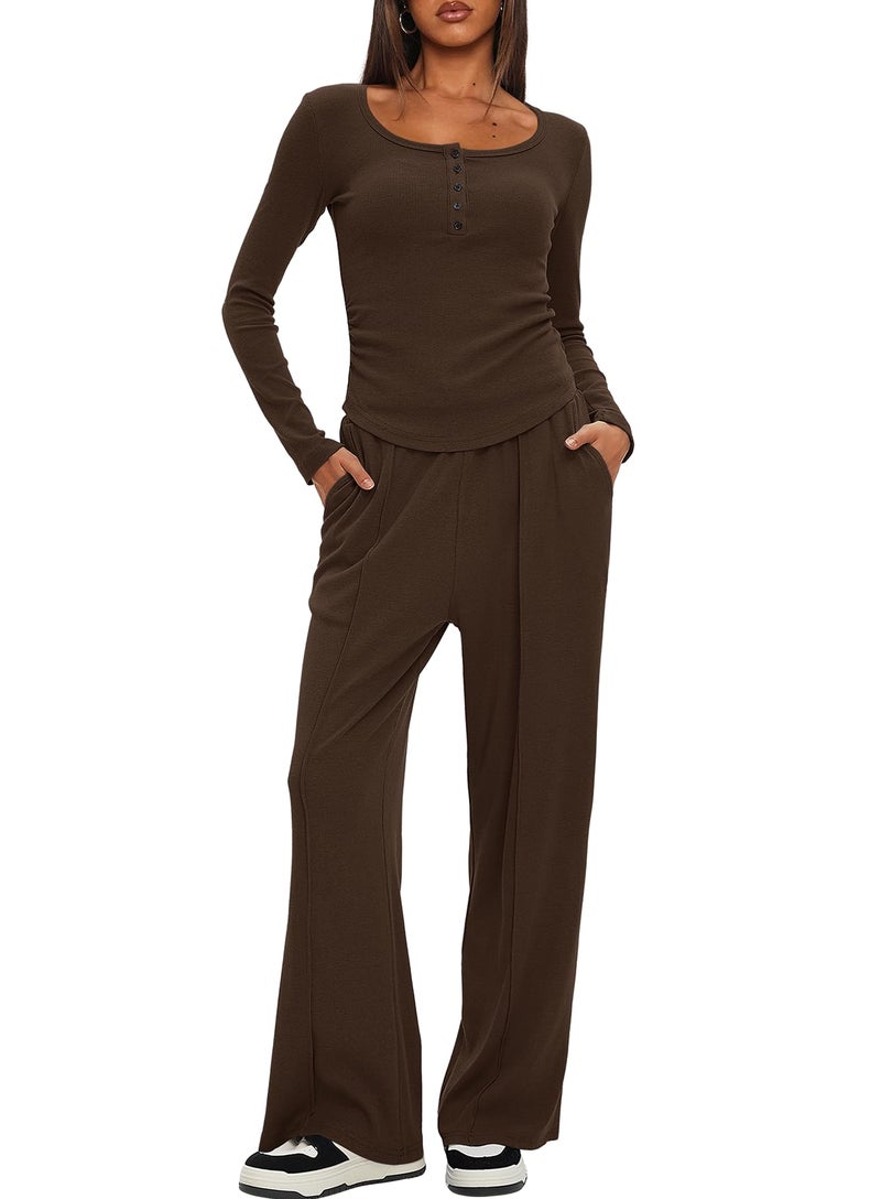 Darong Women's 2 Piece Tracksuit Fall Outfits 2025 Long Sleeve Henley Shirt Pants Lounge Set Sweatsuits 9122 Coffee L - Image 5