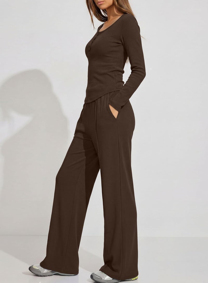Darong Women's 2 Piece Tracksuit Fall Outfits 2025 Long Sleeve Henley Shirt Pants Lounge Set Sweatsuits 9122 Coffee L - Image 4