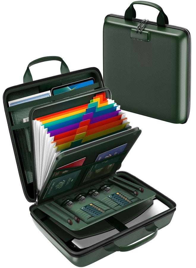 HIBWN Fireproof Document Box, Hard Case Fireproof File Organizer Box with Lock and 13 Pocket Accordion File Folder, Portable Safe Box for Home Office Travel to Storage Important Documents Laptop Green - Image 1