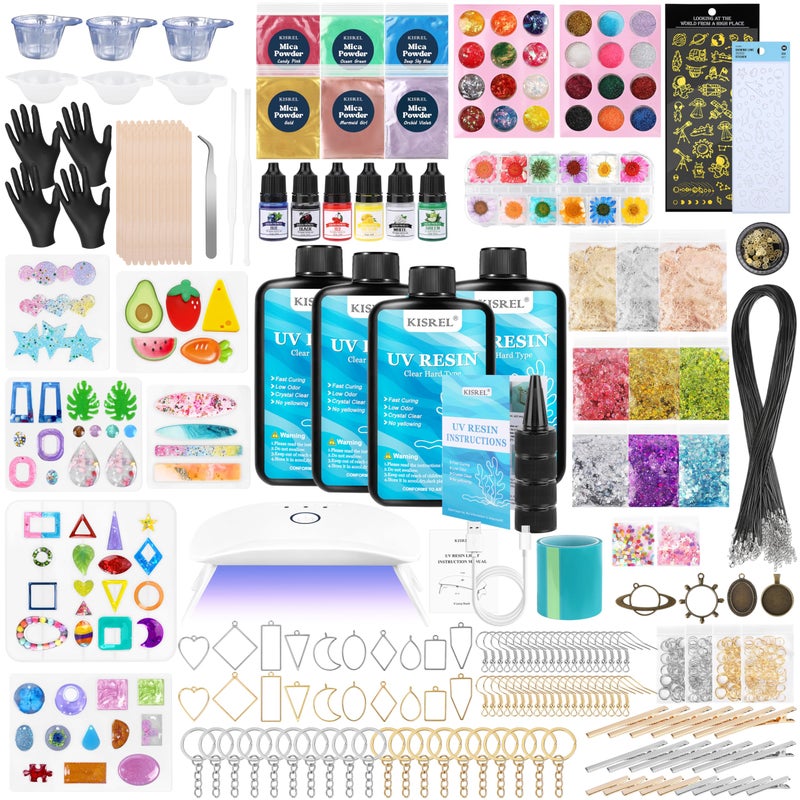 KISREL UV Resin Jewelry Making Kit, 400g Crystal Clear Resins with Light and Molds, DIY Jewelry Making Resin Kits, Resina Starter Kit for Keychain, Hair Clip and Earring - Image 1