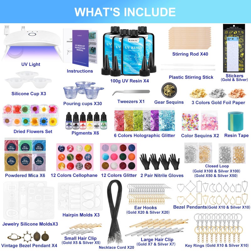 KISREL UV Resin Jewelry Making Kit, 400g Crystal Clear Resins with Light and Molds, DIY Jewelry Making Resin Kits, Resina Starter Kit for Keychain, Hair Clip and Earring - Image 2