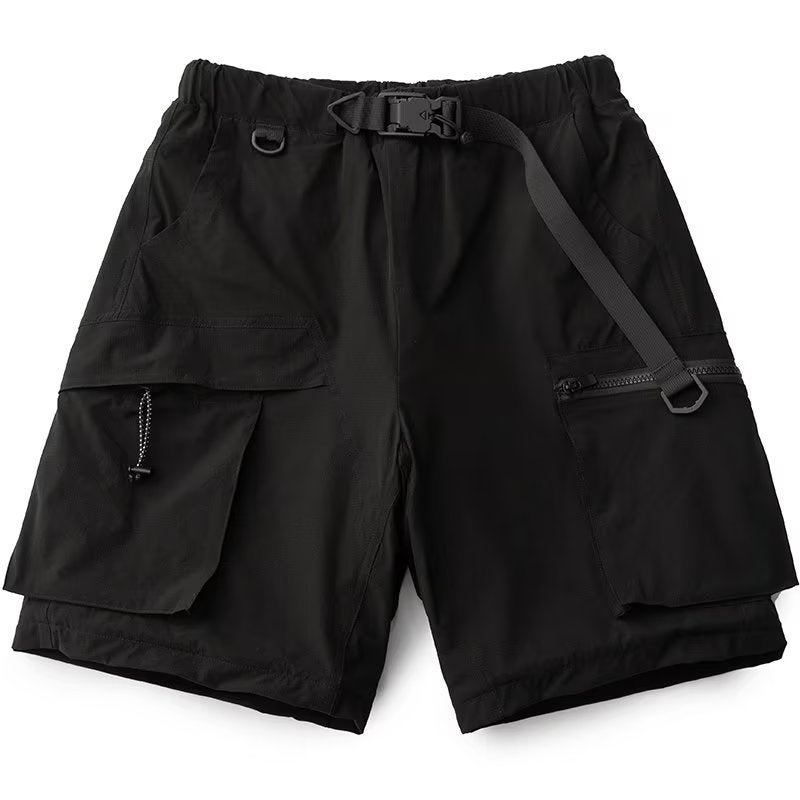 Summer Vintage Belted Ice Silk Multi-Pocket Cargo Shorts for Men Black