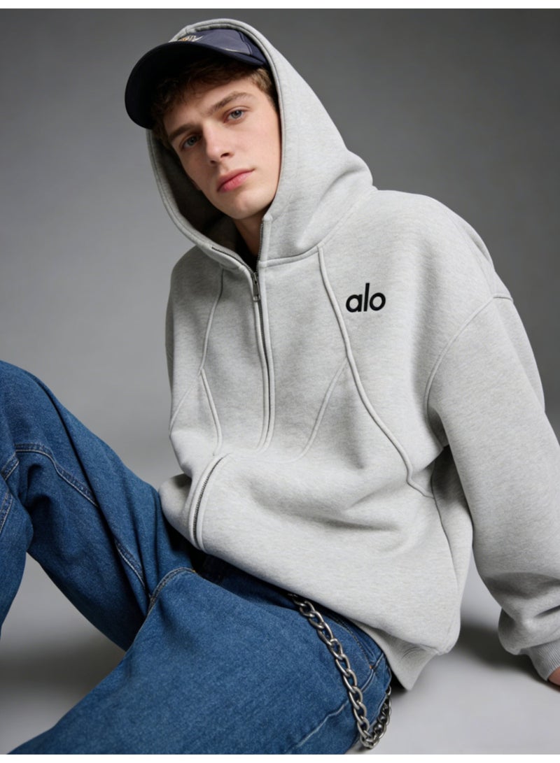 ALo728 retro silhouette gray hooded sweater coat boys and girls autumn and winter new loose heavy cardigan - Image 5