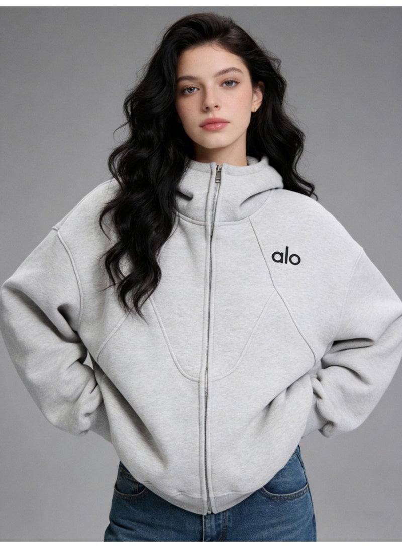 ALo728 retro silhouette gray hooded sweater coat boys and girls autumn and winter new loose heavy cardigan - Image 3