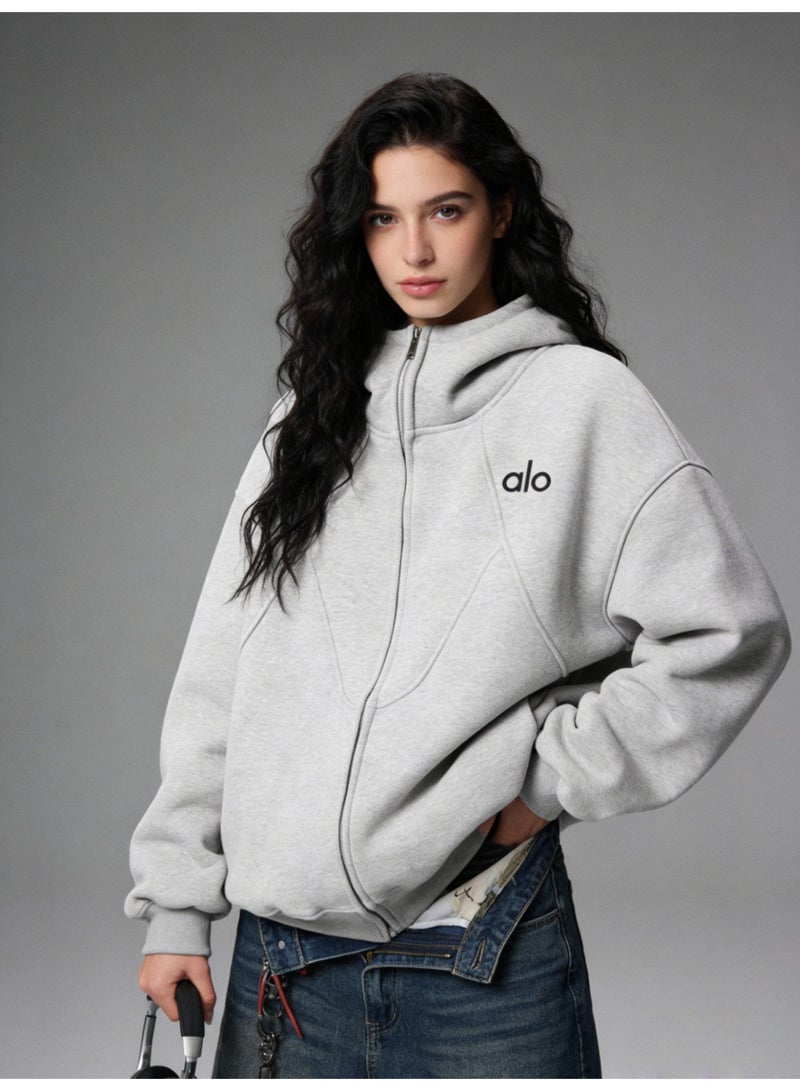 ALo728 retro silhouette gray hooded sweater coat boys and girls autumn and winter new loose heavy cardigan - Image 2