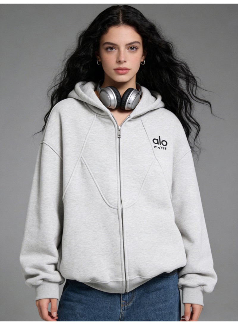 ALo728 retro silhouette gray hooded sweater coat boys and girls autumn and winter new loose heavy cardigan - Image 1