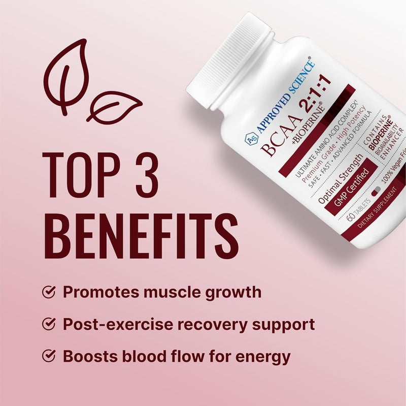 Approved Science مكمل BCAA المعتمد من ساينس 60 قرص 2400 ملغ زيادة الأداء وتعزيز تطوير العضلات L-ليوسين L-إيزوليوسين L-فالين صنع في الولايات المتحدة الأمريكية غير معدّل وراثيًا - Image 3
