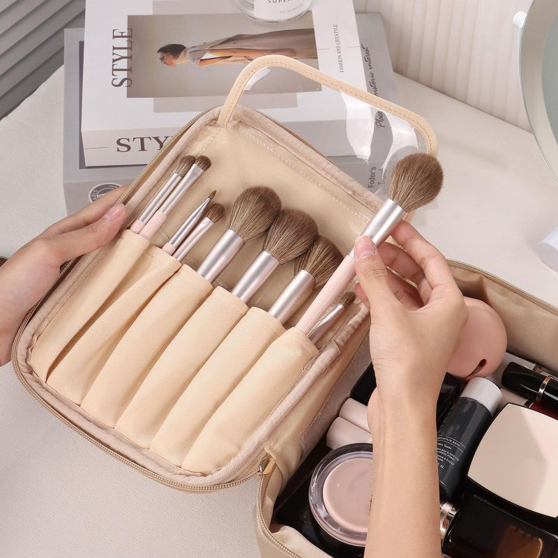 Pocmimut Makeup Bag,2 in 1 Large Cosmetic Bag with Brush Holder,Travel Toiletry Bag & Vanity Organizer for Women,Beige - Image 4