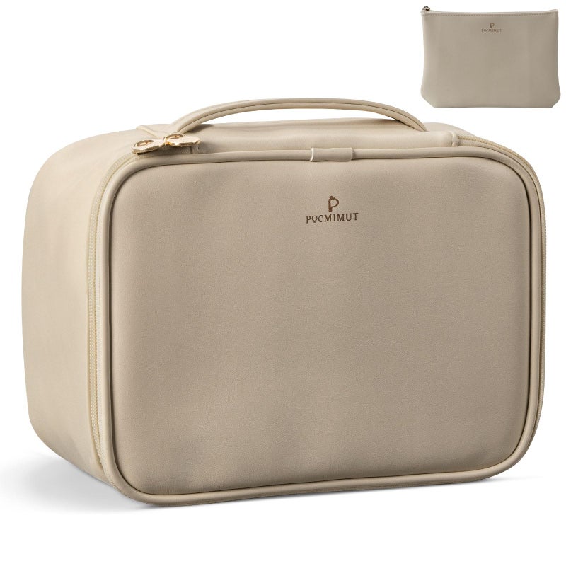 Pocmimut Makeup Bag,2 in 1 Large Cosmetic Bag with Brush Holder,Travel Toiletry Bag & Vanity Organizer for Women,Beige - Image 1