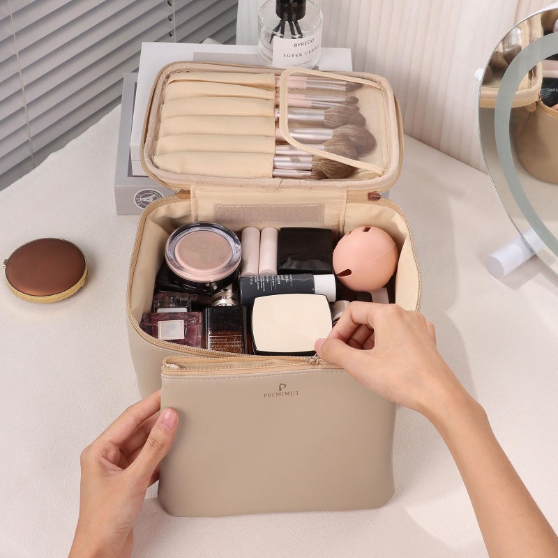 Pocmimut Makeup Bag,2 in 1 Large Cosmetic Bag with Brush Holder,Travel Toiletry Bag & Vanity Organizer for Women,Beige - Image 5