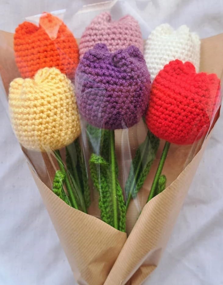 VRB Dec 1 Pcs Crochet Sunflower Decor,Crochet Flowers,Sunflower Gift,Knitted Fake Sunflower Crochet,Tulip/Sunflower with Stem,Handmade Sunflower Bouquet for Decor. (White Tulip Flower Stick - 1 Pcs) - Image 5