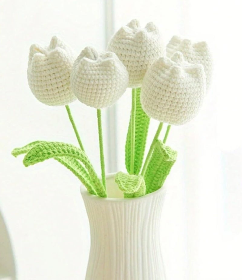 VRB Dec 1 Pcs Crochet Sunflower Decor,Crochet Flowers,Sunflower Gift,Knitted Fake Sunflower Crochet,Tulip/Sunflower with Stem,Handmade Sunflower Bouquet for Decor. (White Tulip Flower Stick - 1 Pcs) - Image 1