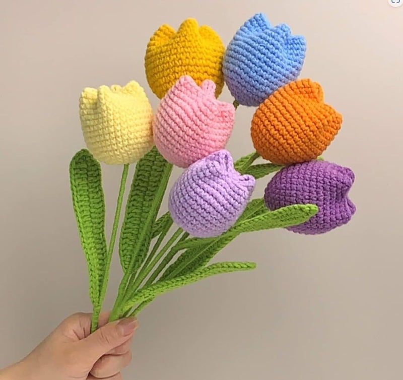 VRB Dec 1 Pcs Crochet Sunflower Decor,Crochet Flowers,Sunflower Gift,Knitted Fake Sunflower Crochet,Tulip/Sunflower with Stem,Handmade Sunflower Bouquet for Decor. (White Tulip Flower Stick - 1 Pcs) - Image 2