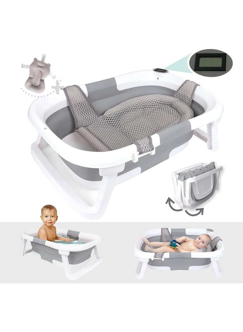 حوض استحمام قابل للطي للأطفال مع ترمومتر + حامل استحمام للأطفال حديثي الولادة حتى عمر 0-24 شهرًا (مع ترمومتر، رمادي) - Image 1