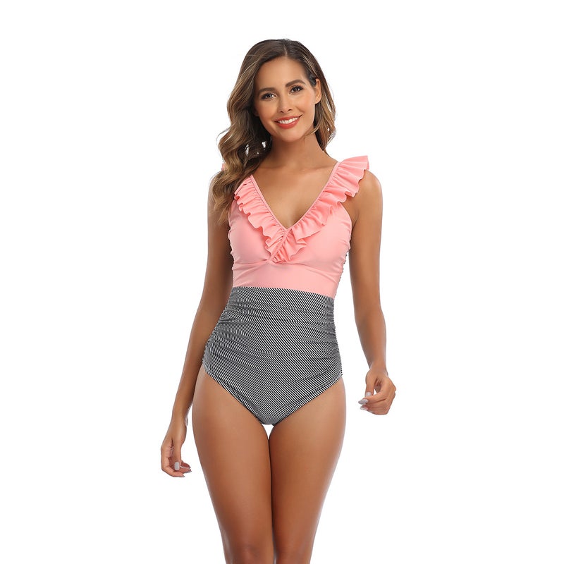 Ladies Color Matching One-Piece Swimsuit Lace Backless Swimsuit Wish - Image 1
