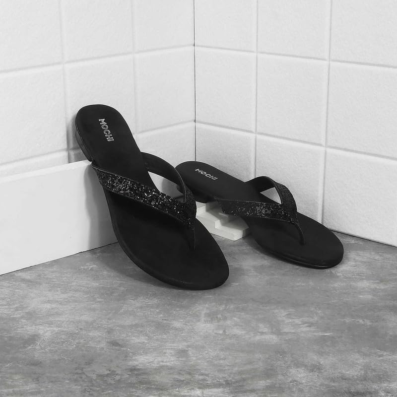 Mochi Women's Black Faux Leather Glittery Thong Strap Fashion Sandals UK/4 EU/37 (32-1369) - Image 2