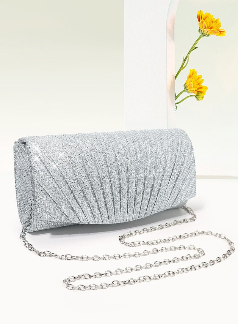 Women Shiny Glitter Evening Bags Envelope Handbag Chain Purse Shoulder Clutch Crossbody Bag for Wedding Formal Cocktail Banquet Party Dinner (Silver) - Image 4