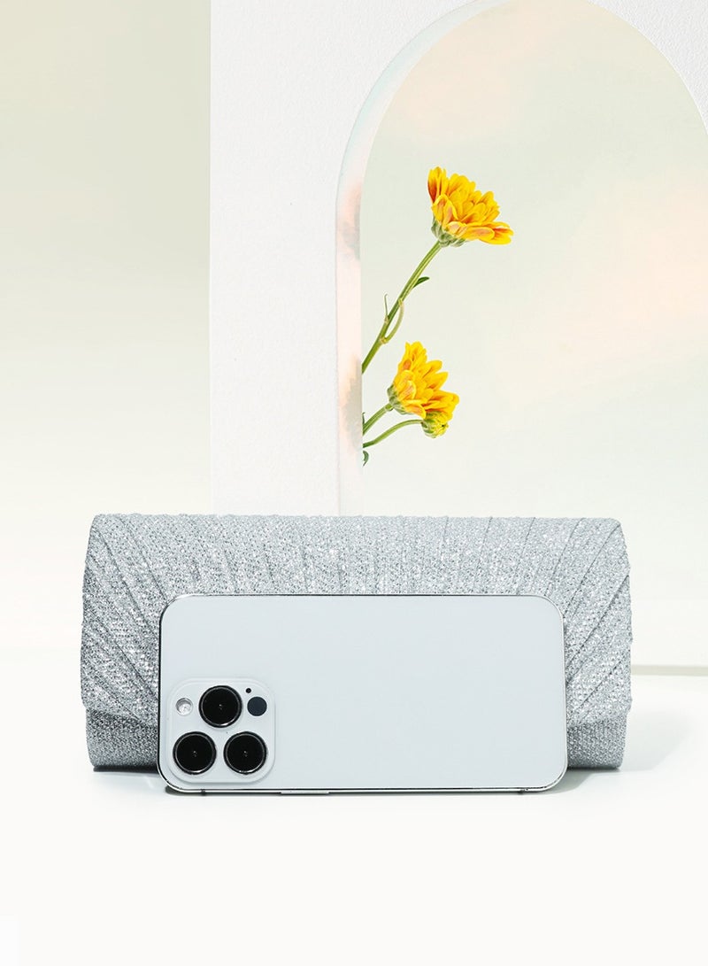 Women Shiny Glitter Evening Bags Envelope Handbag Chain Purse Shoulder Clutch Crossbody Bag for Wedding Formal Cocktail Banquet Party Dinner (Silver) - Image 5